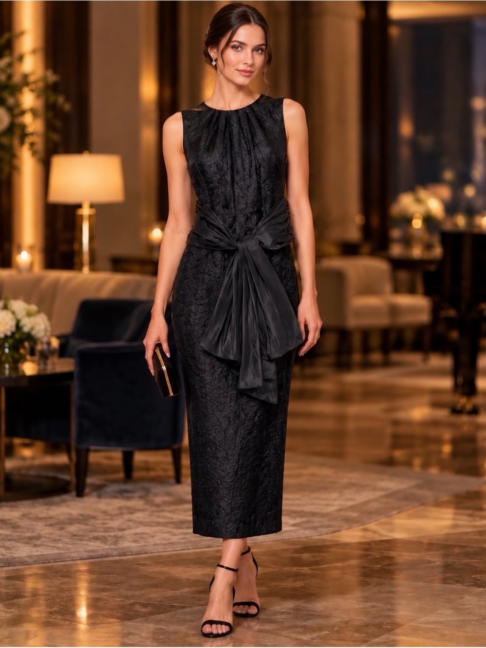 Lavender Label Vera Wang Black Sleeveless Silk Bow Midi Dress Size 2